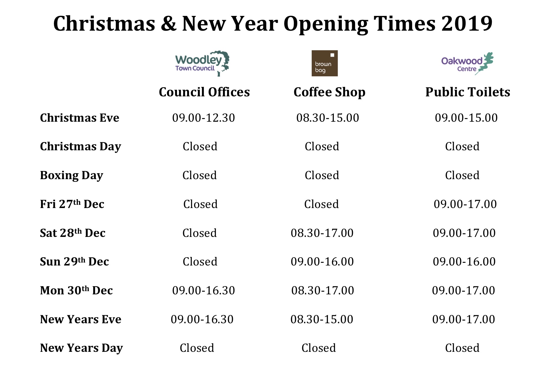 Woodley Town Council Christmas opening hours