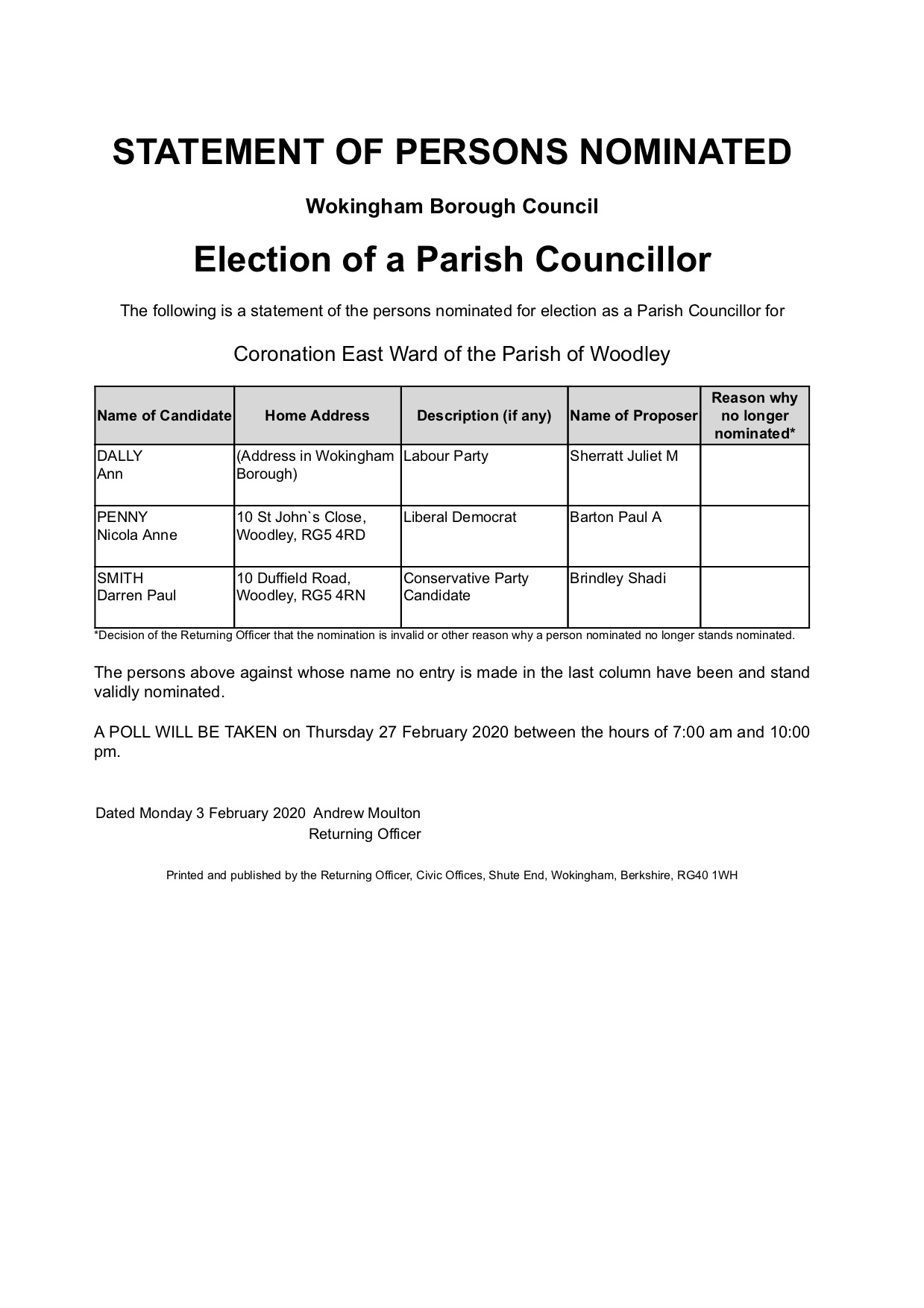 Coronation Ward nominations February 2020