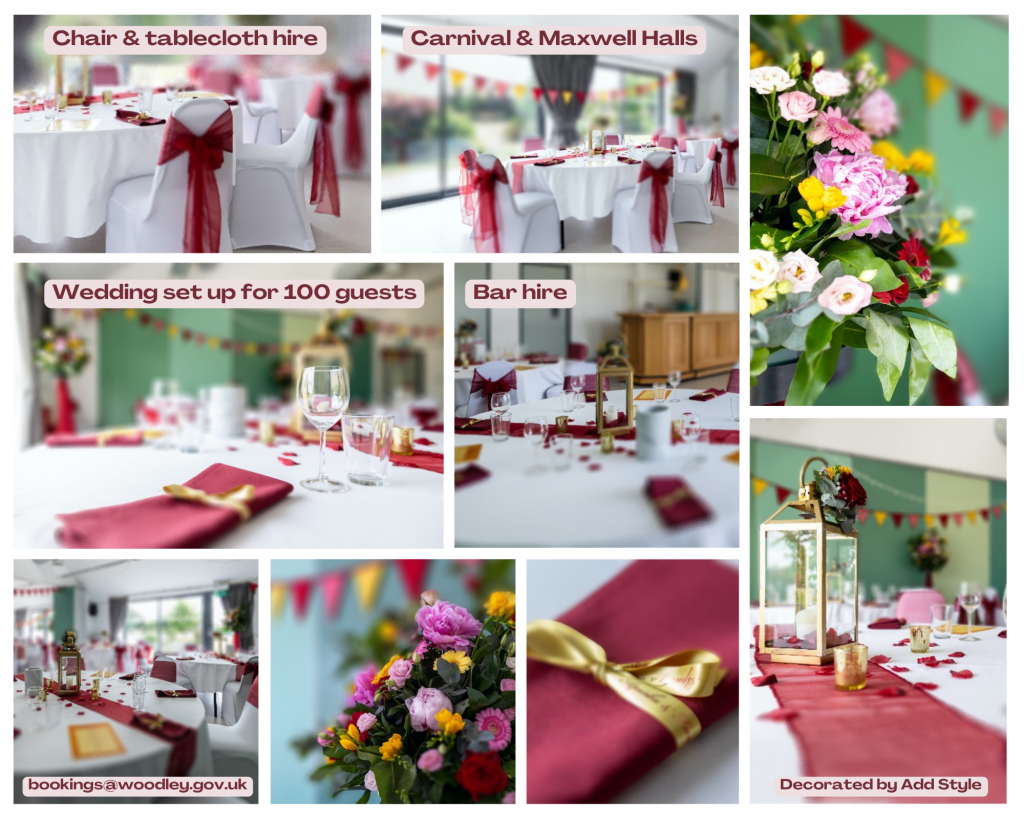 A collage of photos from wedding receptions held at the Oakwood Centre, Woodley