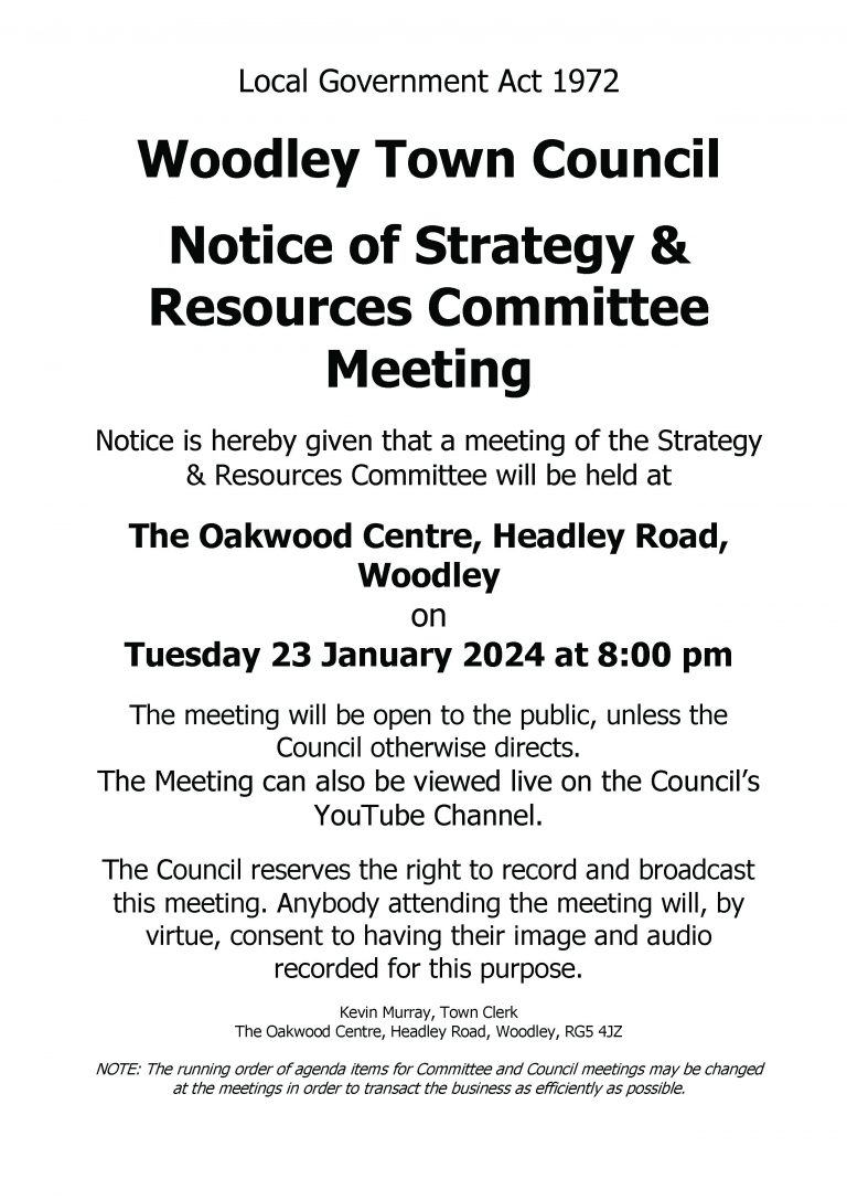Legal Notice of the Strategy & Resources Committee Meeting taking place at the Oakwood Centre in Woodley on 23 January 2024 at 8pm