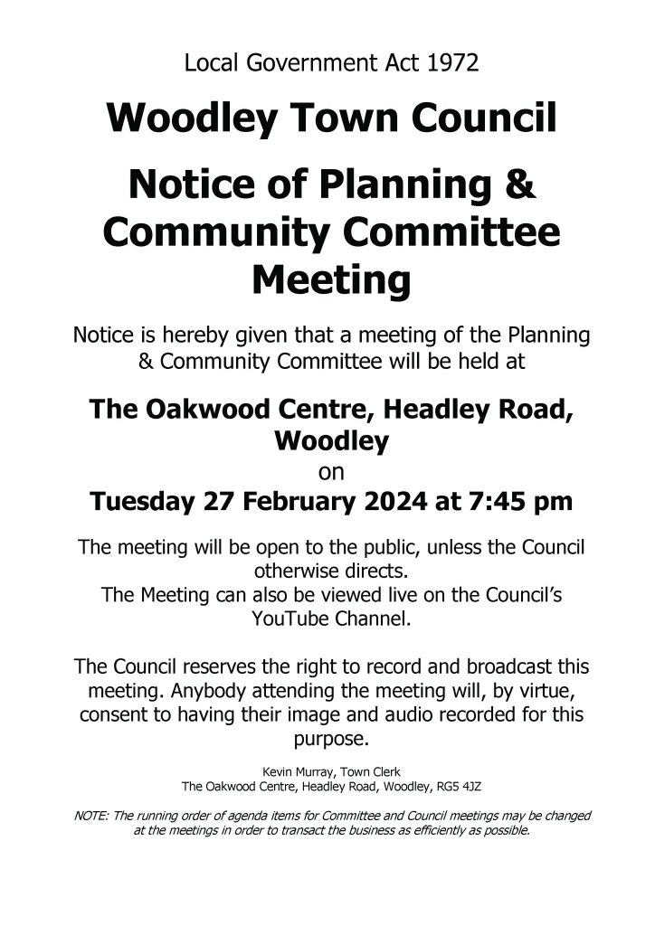Notice of Planning & Community Committee Meeting - 27 February 2024 - 7.45pm - The Oakwood Centre