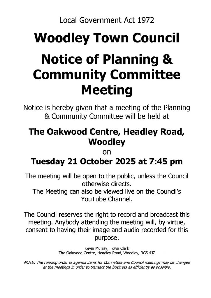 Notice of planning & community committee meeting at 7.45pm at the Oakwood Centre