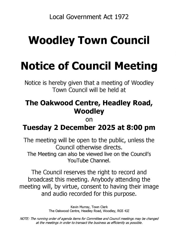 Notice of meeting of full council at the oakwood cnetre on 2nd december at 8pm