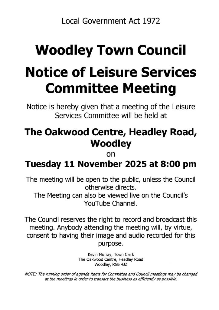 Notice of a Leisure Services committee meeting at 8pm at the Oakwood Centre