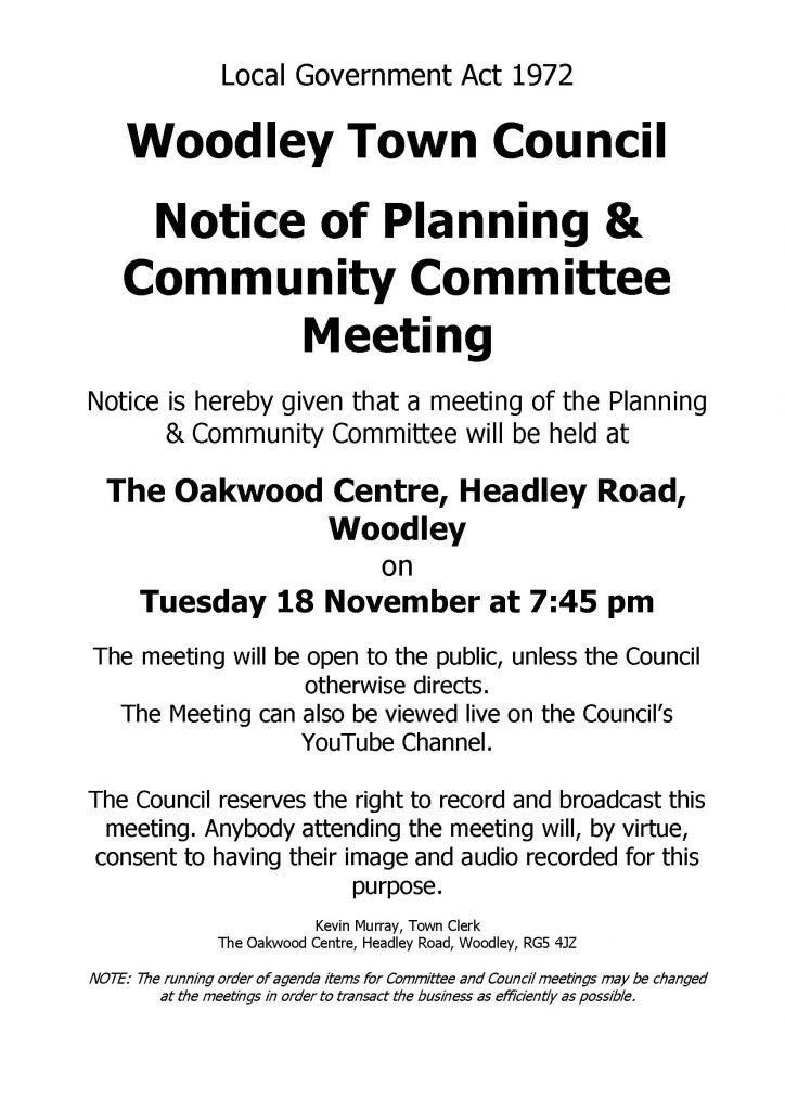Notice of a planning & community committee meeting at 7.45pm at the oakwood centre