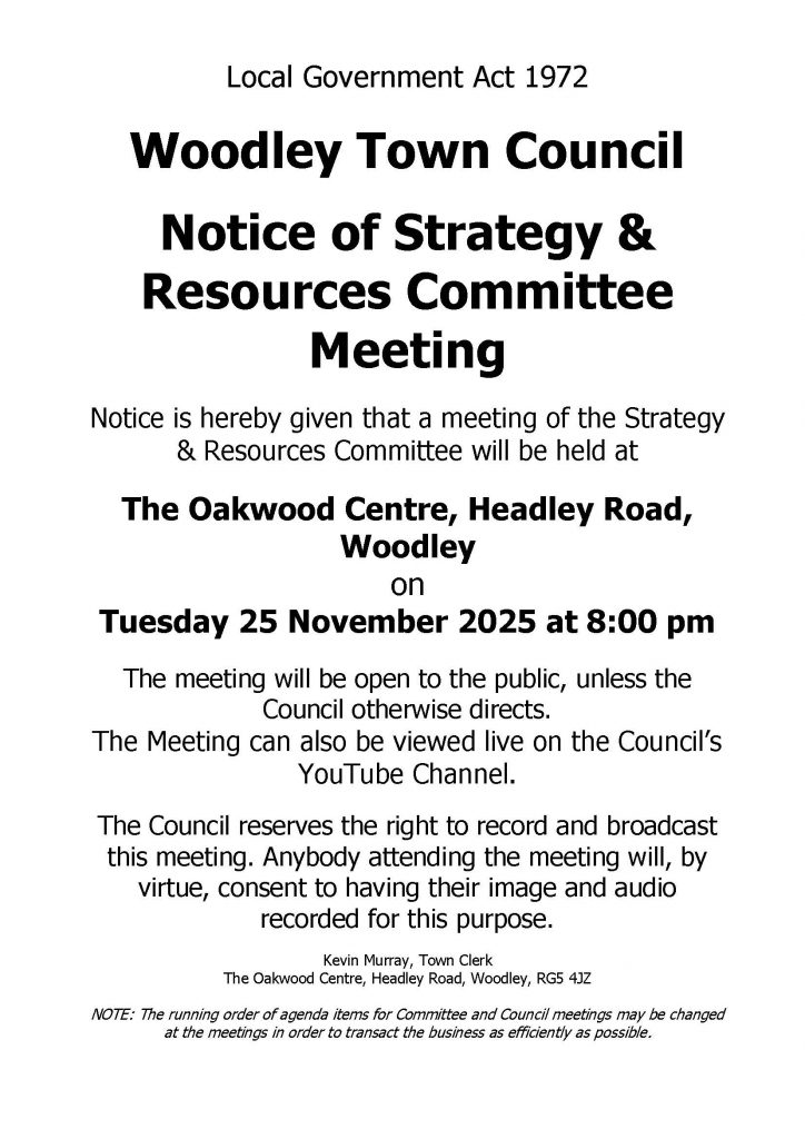 Notice of strategy and resources committee meeting at the oakwood centre at 8pm