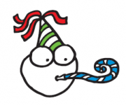 Cartoon face wearing a party hat and blowing a party streamer